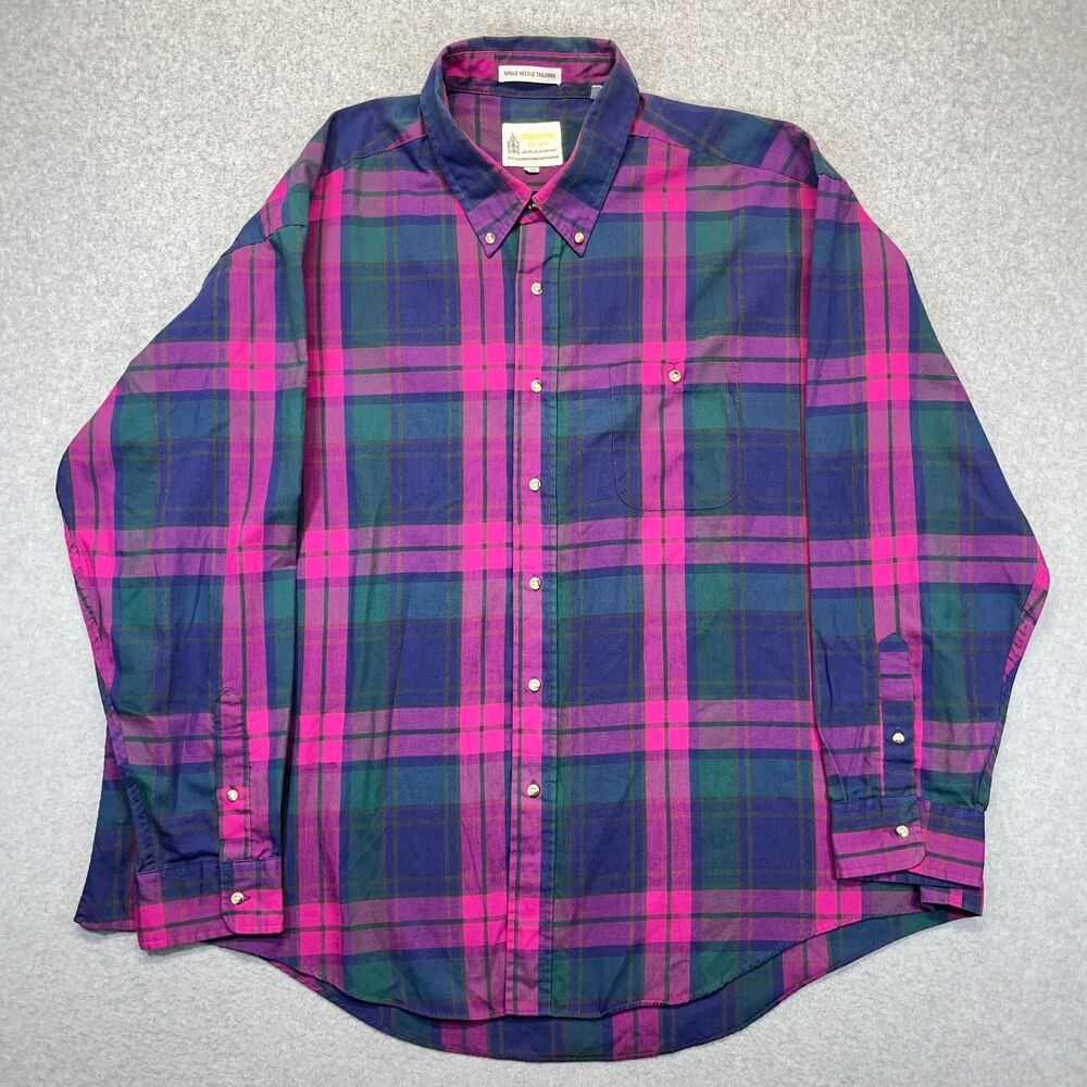 London Fog Button Down Shirt Men’s 3X Purple Green Plaid Long Sleeve Pocket